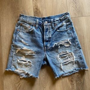 Levis Light Wash Distressed Midi Jean Shorts